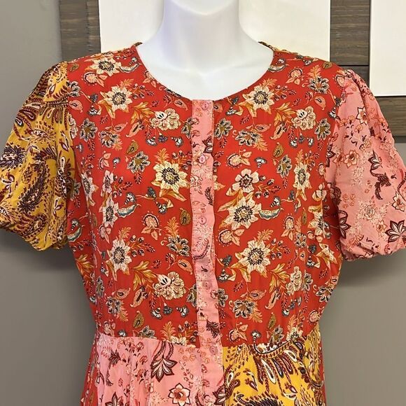 ZARA Women Collection Floral Asymmetrical Short Sleeve Button Down Boho MIDI-Lrg - Picture 4 of 13